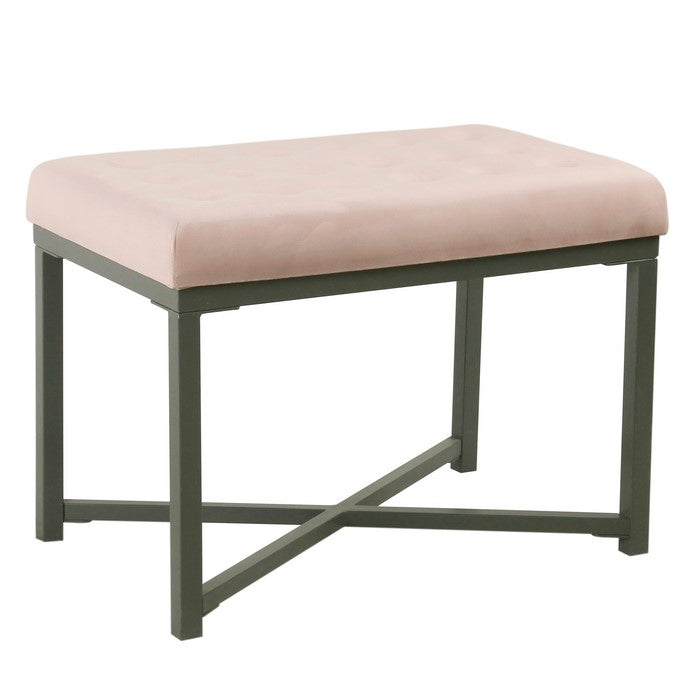 Metal Framed Ottoman with Button Tufted Velvet Upholstered Seat, Pink and Gray