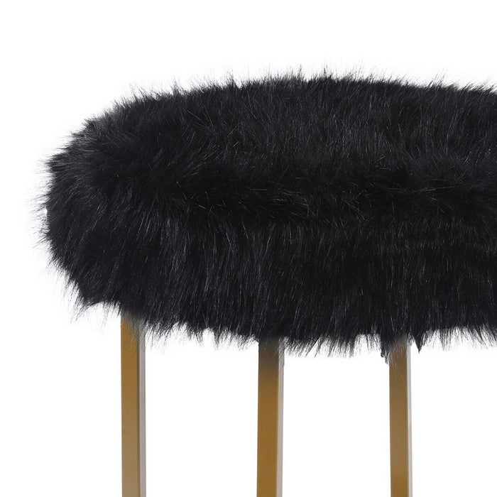 Round Faux Fur Upholstered Ottoman with X Shape Metal Base, Black and Gold