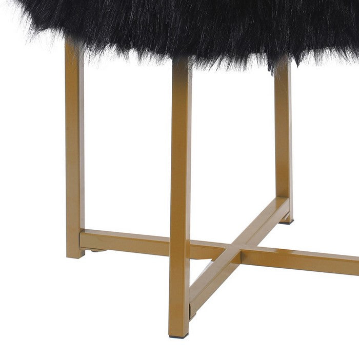 Round Faux Fur Upholstered Ottoman with X Shape Metal Base, Black and Gold