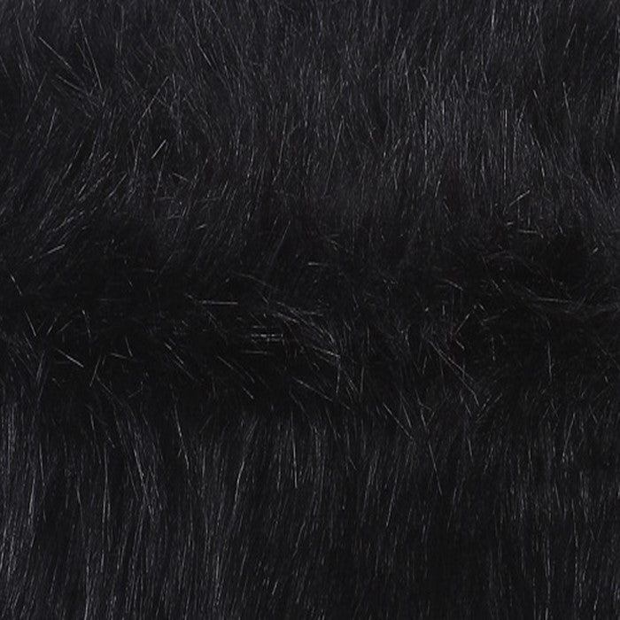 Round Faux Fur Upholstered Ottoman with X Shape Metal Base, Black and Gold