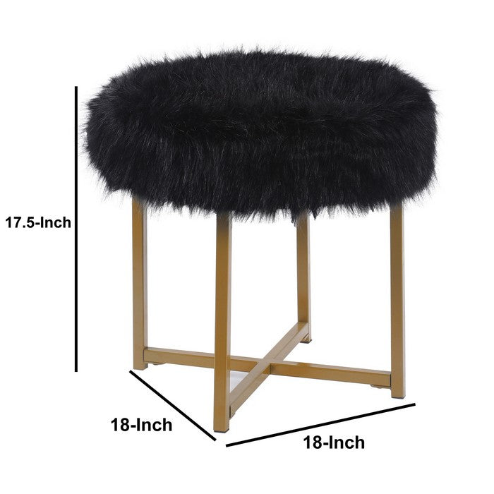 Round Faux Fur Upholstered Ottoman with X Shape Metal Base, Black and Gold