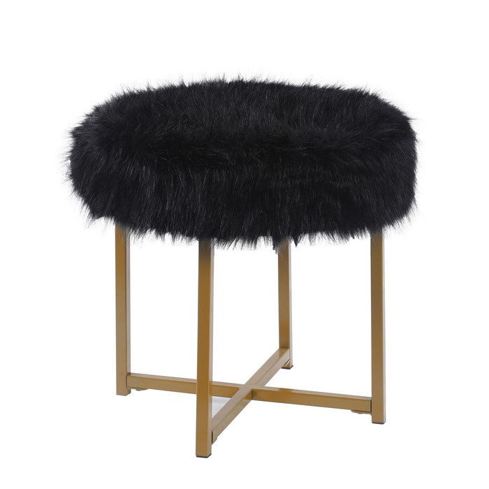 Round Faux Fur Upholstered Ottoman with X Shape Metal Base, Black and Gold
