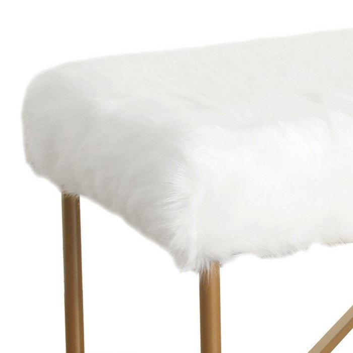 Square Faux Fur Upholstered Stool with Tubular Metal Legs and X Shape Base, White and Gold