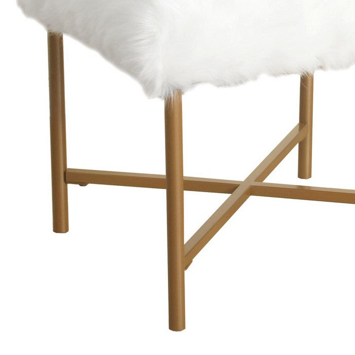 Square Faux Fur Upholstered Stool with Tubular Metal Legs and X Shape Base, White and Gold