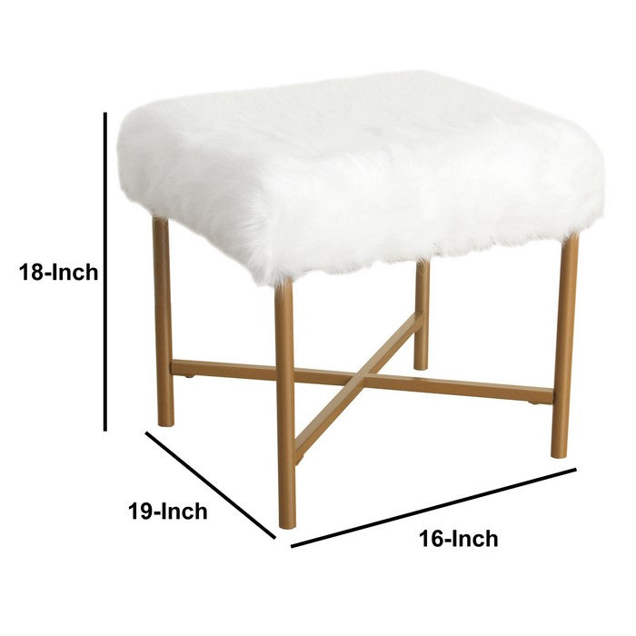 Square Faux Fur Upholstered Stool with Tubular Metal Legs and X Shape Base, White and Gold