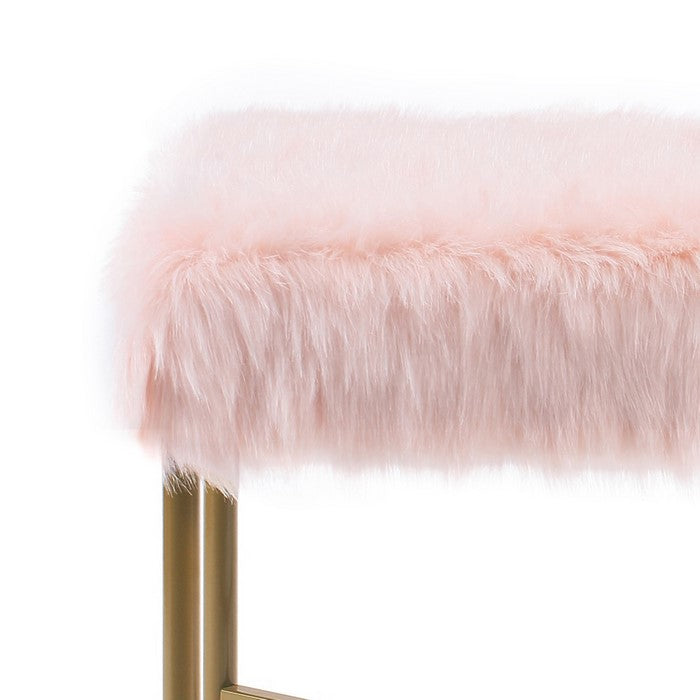 Square Faux Fur Upholstered Ottoman with Tubular Metal Legs and X Shape Base, Pink and Gold