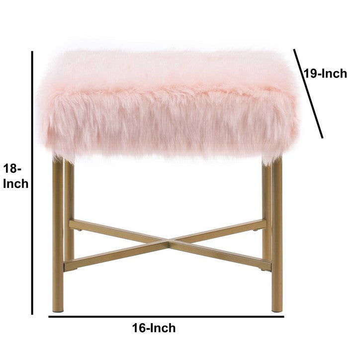 Square Faux Fur Upholstered Ottoman with Tubular Metal Legs and X Shape Base, Pink and Gold