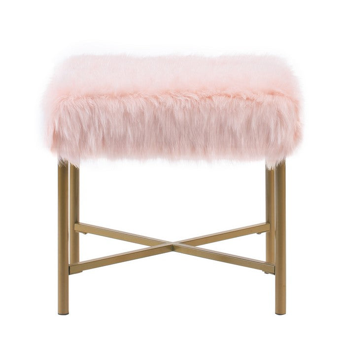 Square Faux Fur Upholstered Ottoman with Tubular Metal Legs and X Shape Base, Pink and Gold