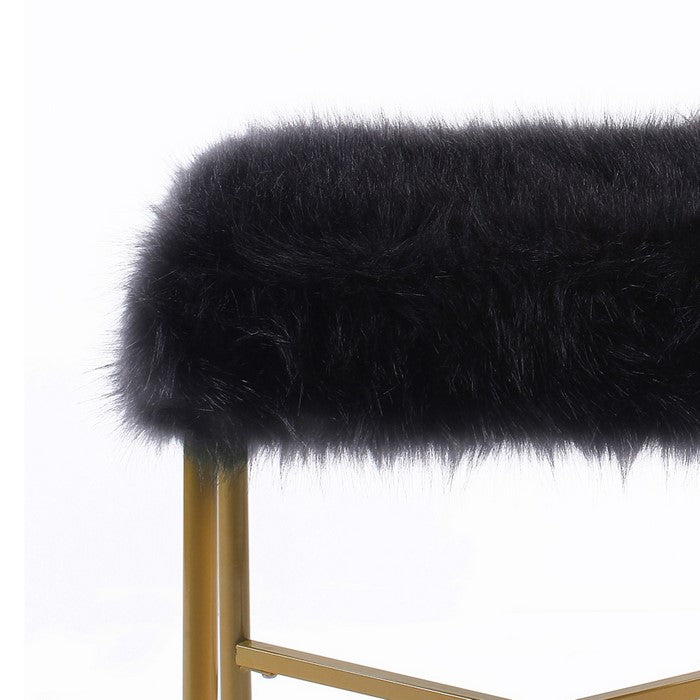 Square Faux Fur Upholstered Ottoman with Tubular Metal Legs and X Shape Base, Black and Gold