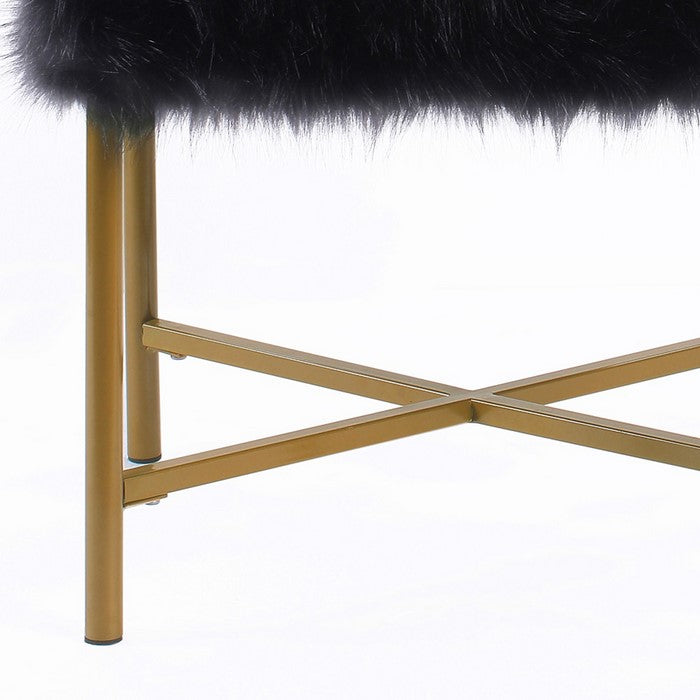 Square Faux Fur Upholstered Ottoman with Tubular Metal Legs and X Shape Base, Black and Gold