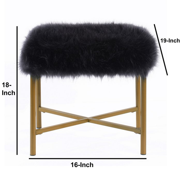 Square Faux Fur Upholstered Ottoman with Tubular Metal Legs and X Shape Base, Black and Gold