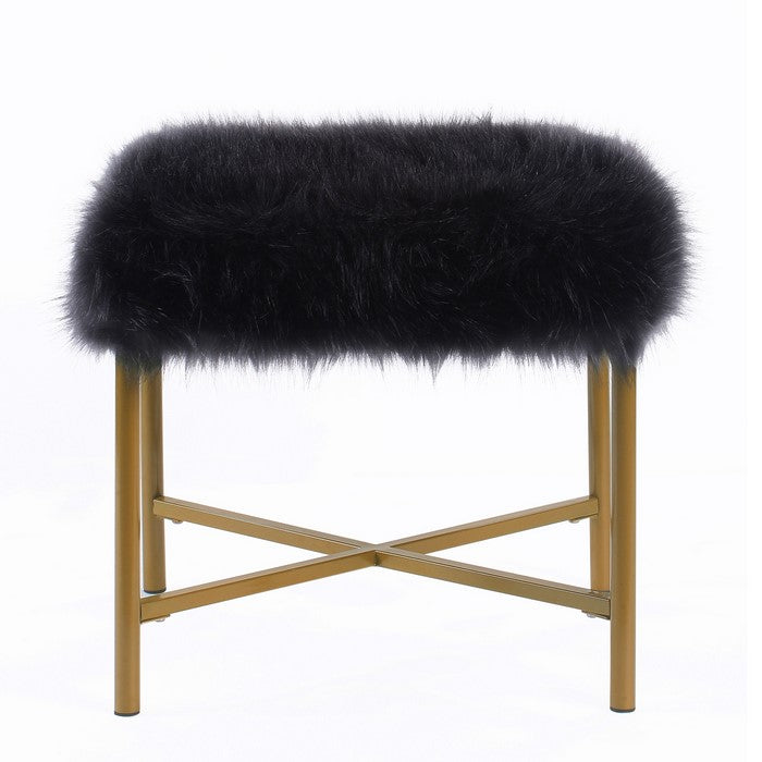 Square Faux Fur Upholstered Ottoman with Tubular Metal Legs and X Shape Base, Black and Gold