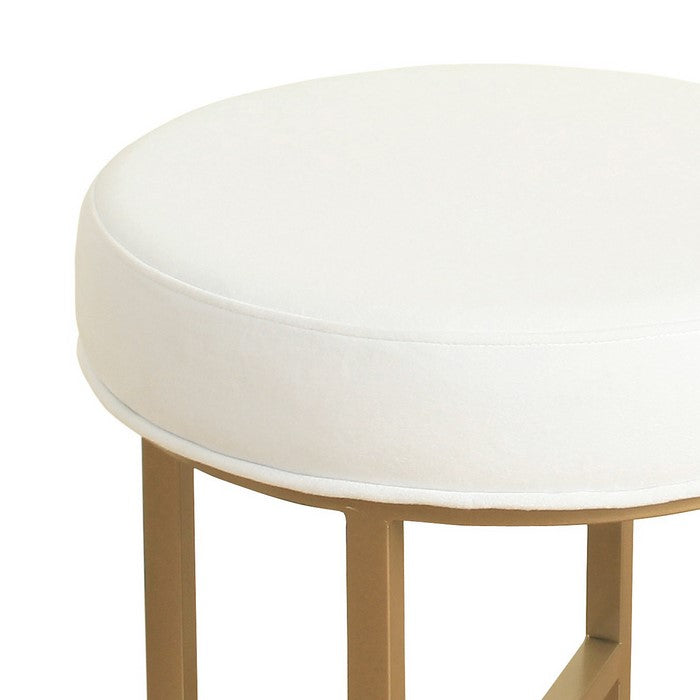 Round Shape Metal Framed Stool with Velvet Upholstered Seat, White and Gold