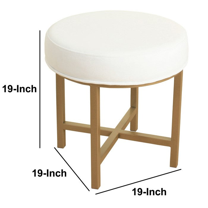 Round Shape Metal Framed Stool with Velvet Upholstered Seat, White and Gold