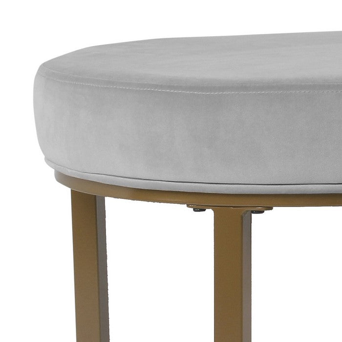 Round Shape Metal Framed Ottoman with Velvet Upholstered Seat, Gray and Brown