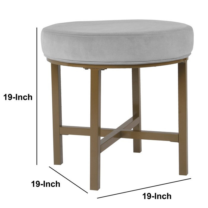 Round Shape Metal Framed Ottoman with Velvet Upholstered Seat, Gray and Brown
