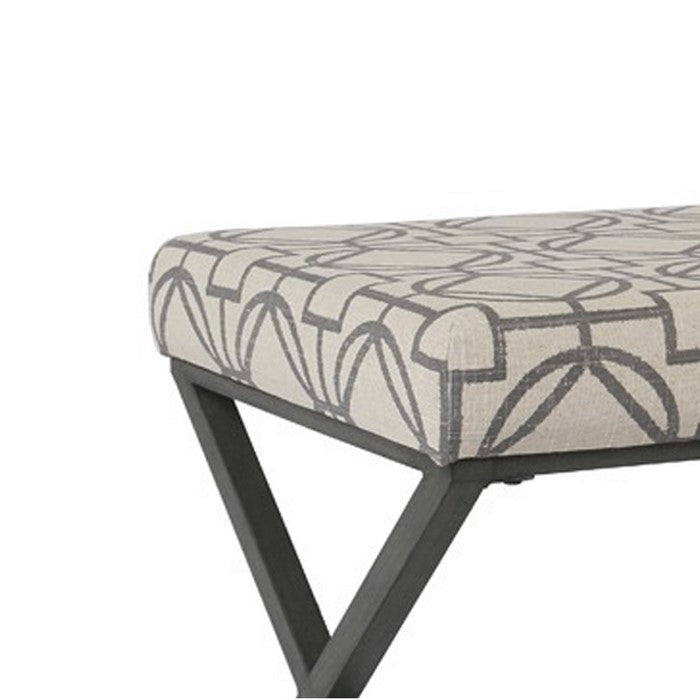 Patterned Fabric Upholstered Ottoman with X Shape Metal Legs, Beige and Gray