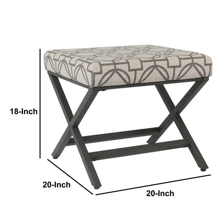 Patterned Fabric Upholstered Ottoman with X Shape Metal Legs, Beige and Gray