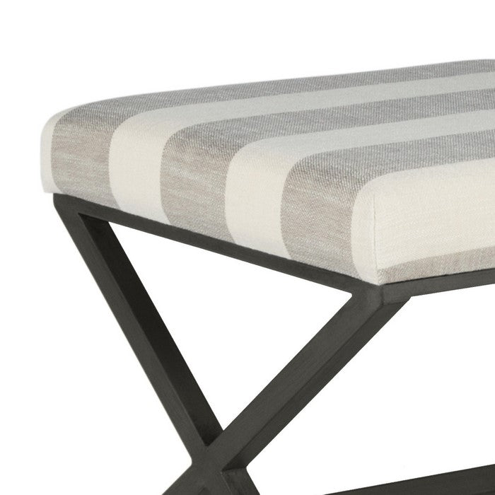 Stripe Pattern Fabric Upholstered Ottoman with X Shape Metal Legs, Cream and Gray