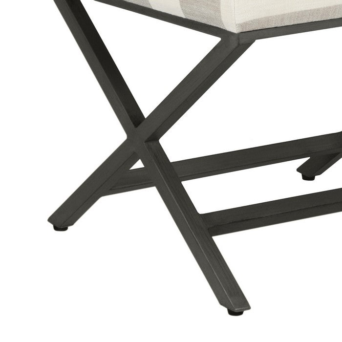 Stripe Pattern Fabric Upholstered Ottoman with X Shape Metal Legs, Cream and Gray