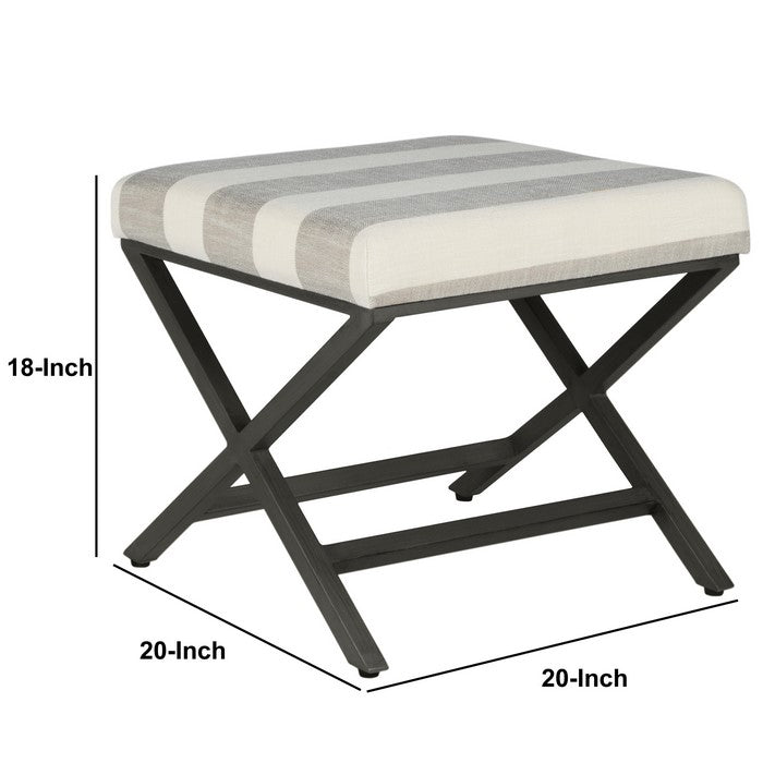 Stripe Pattern Fabric Upholstered Ottoman with X Shape Metal Legs, Cream and Gray