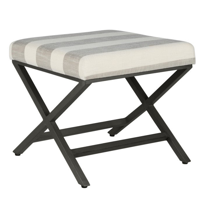 Stripe Pattern Fabric Upholstered Ottoman with X Shape Metal Legs, Cream and Gray