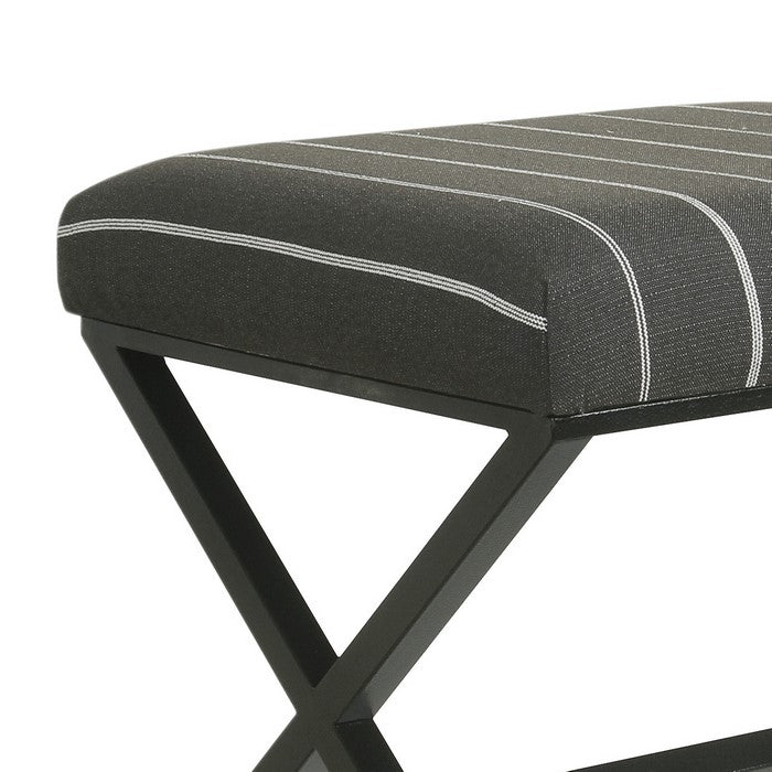 Vertical Stripe Pattern Fabric Upholstered Ottoman with X Shape Metal Legs, Gray and Black