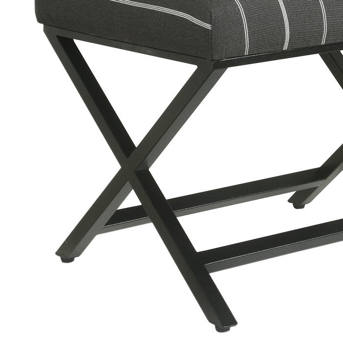 Vertical Stripe Pattern Fabric Upholstered Ottoman with X Shape Metal Legs, Gray and Black