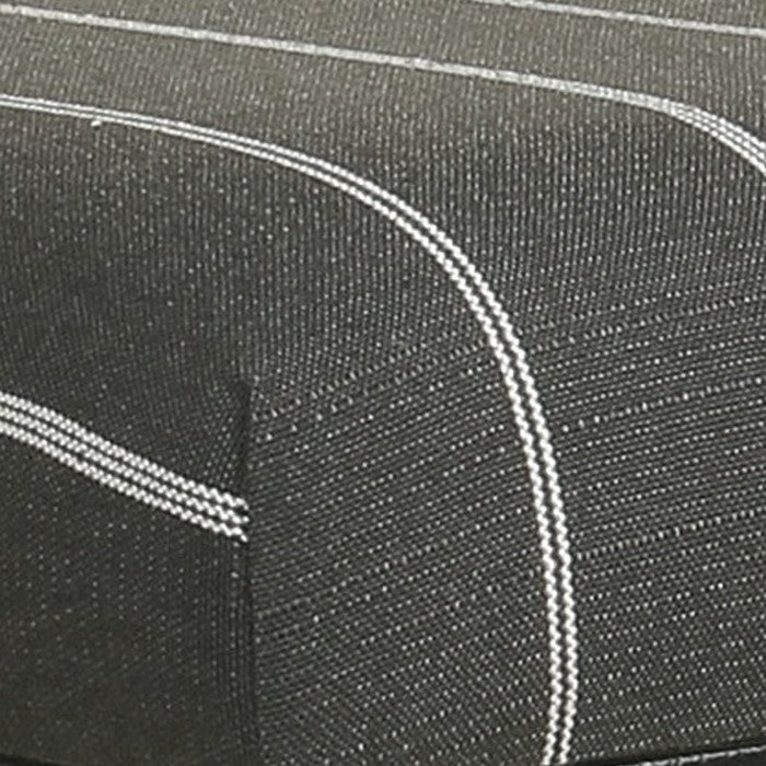 Vertical Stripe Pattern Fabric Upholstered Ottoman with X Shape Metal Legs, Gray and Black