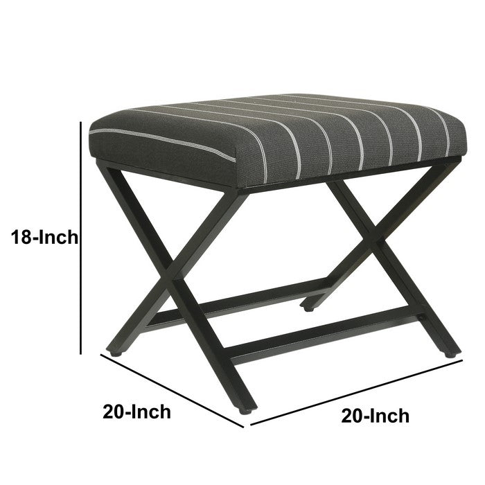 Vertical Stripe Pattern Fabric Upholstered Ottoman with X Shape Metal Legs, Gray and Black