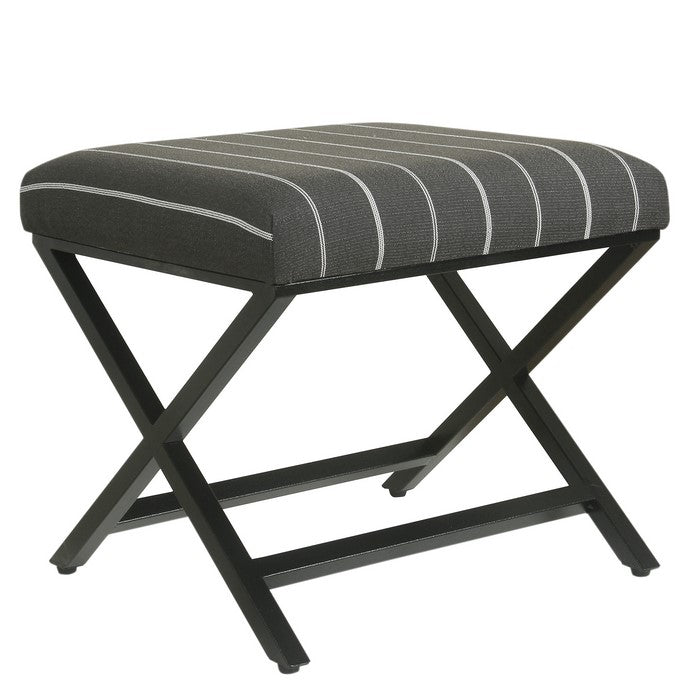 Vertical Stripe Pattern Fabric Upholstered Ottoman with X Shape Metal Legs, Gray and Black