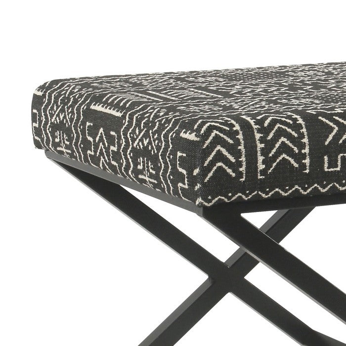 Tribal Pattern Fabric Upholstered Ottoman with X Shape Metal Legs, Black and Cream