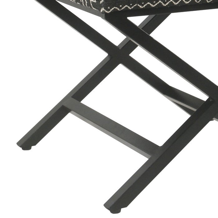 Tribal Pattern Fabric Upholstered Ottoman with X Shape Metal Legs, Black and Cream