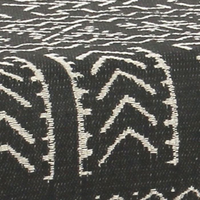 Tribal Pattern Fabric Upholstered Ottoman with X Shape Metal Legs, Black and Cream