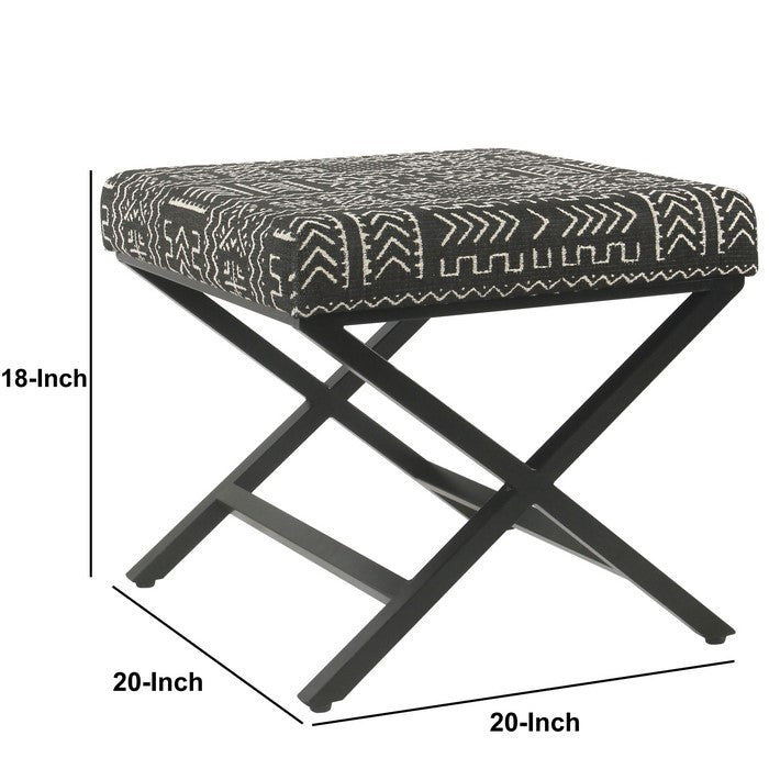 Tribal Pattern Fabric Upholstered Ottoman with X Shape Metal Legs, Black and Cream