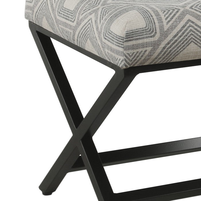 Geometric Pattern Fabric Upholstered Ottoman with X Shape Metal Legs, Gray and Cream
