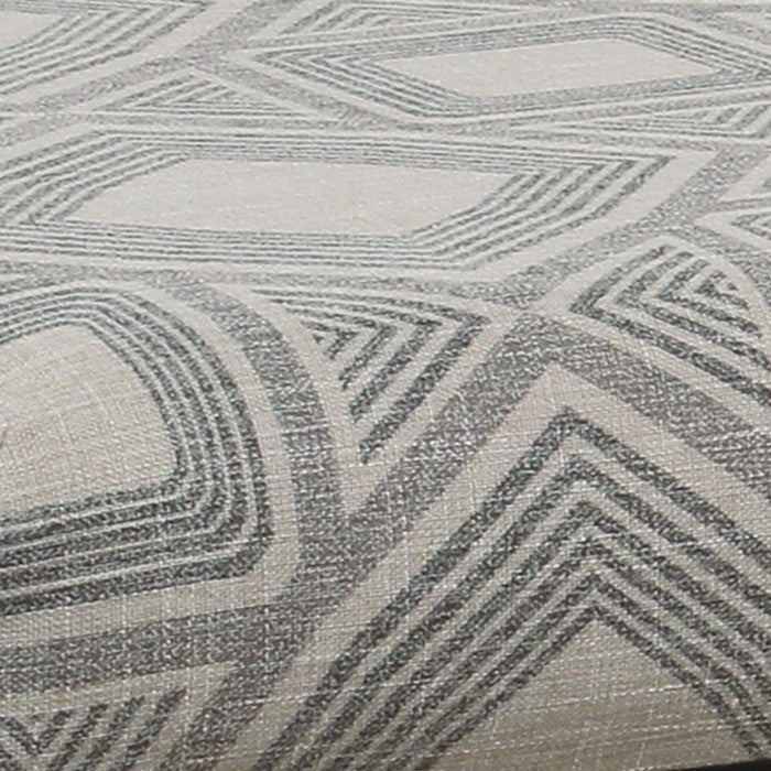 Geometric Pattern Fabric Upholstered Ottoman with X Shape Metal Legs, Gray and Cream