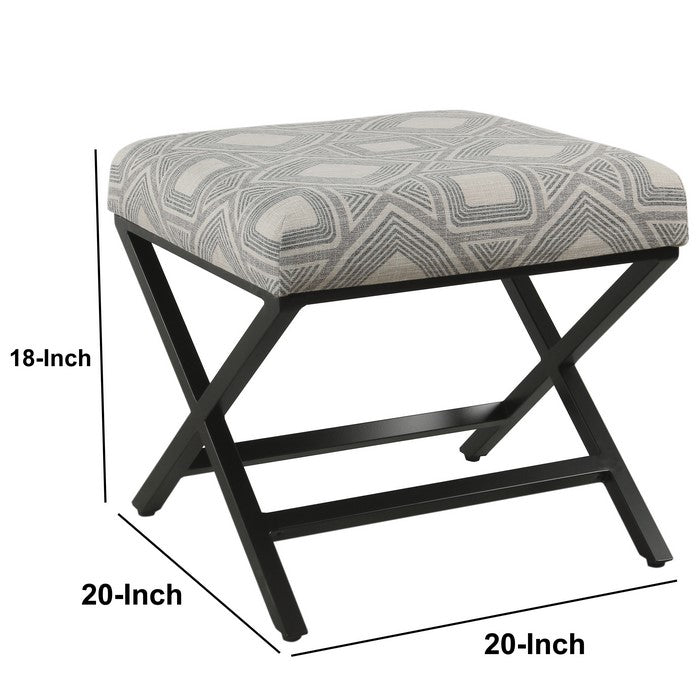 Geometric Pattern Fabric Upholstered Ottoman with X Shape Metal Legs, Gray and Cream
