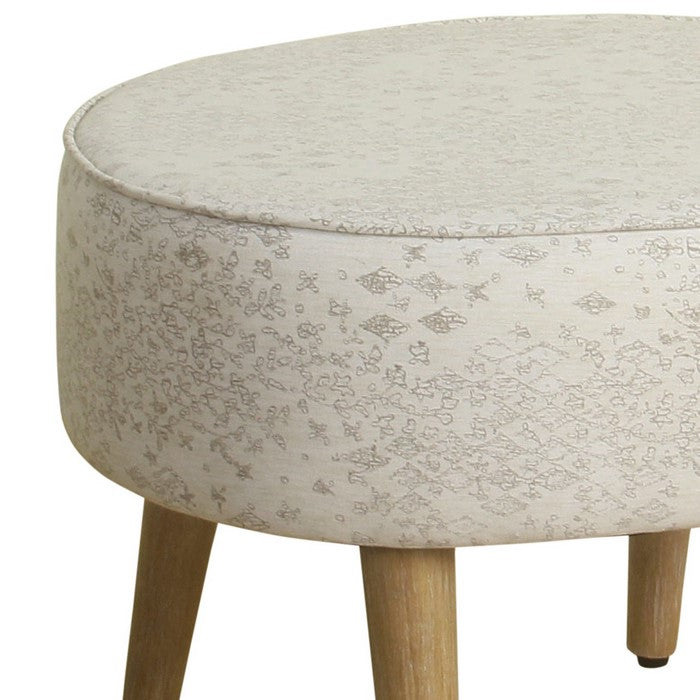 Oval Shape Fabric Upholstered Stool with Wooden Tapered Legs, White and Brown