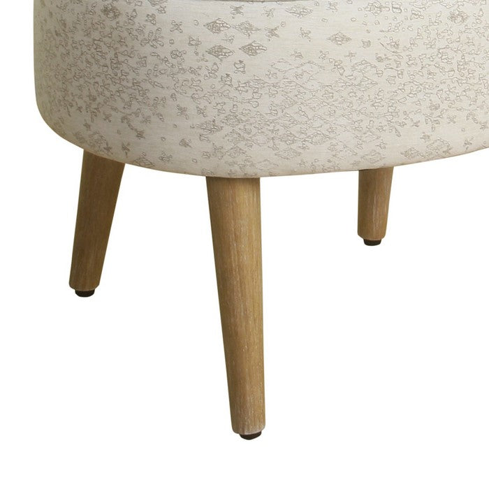 Oval Shape Fabric Upholstered Stool with Wooden Tapered Legs, White and Brown