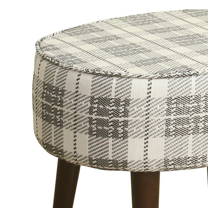 Plaid Pattern Fabric Upholstered Oval Stool with Wooden Tapered Legs, Black and White