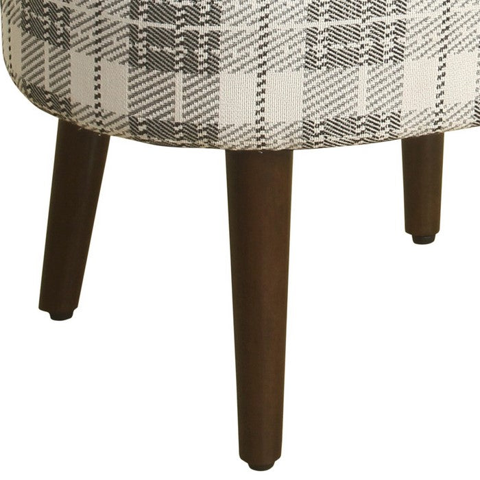 Plaid Pattern Fabric Upholstered Oval Stool with Wooden Tapered Legs, Black and White