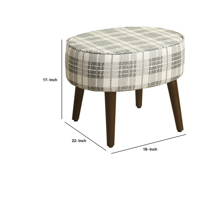 Plaid Pattern Fabric Upholstered Oval Stool with Wooden Tapered Legs, Black and White