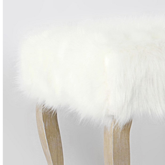Wooden Ottoman with Faux Fur Upholstered Seat and Cabriole Legs, White and Brown