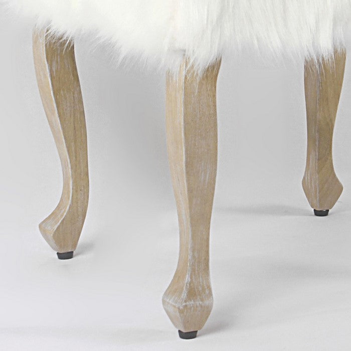Wooden Ottoman with Faux Fur Upholstered Seat and Cabriole Legs, White and Brown