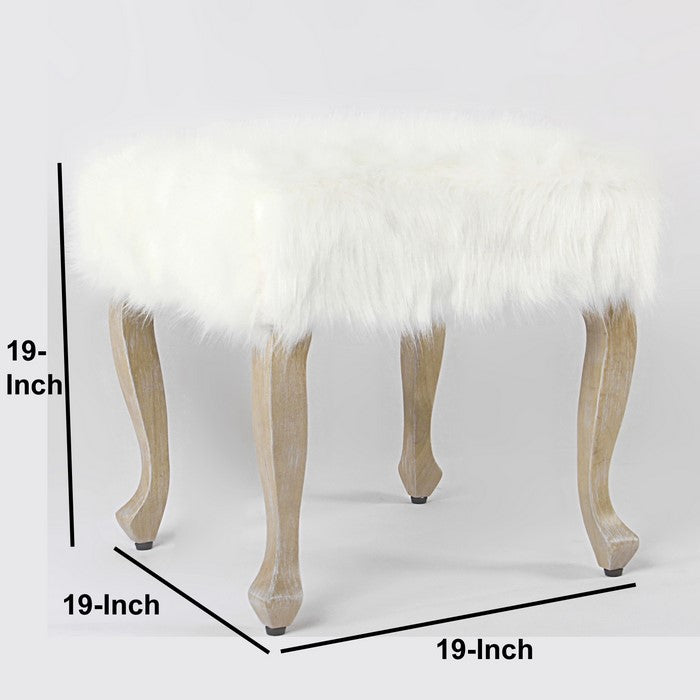 Wooden Ottoman with Faux Fur Upholstered Seat and Cabriole Legs, White and Brown