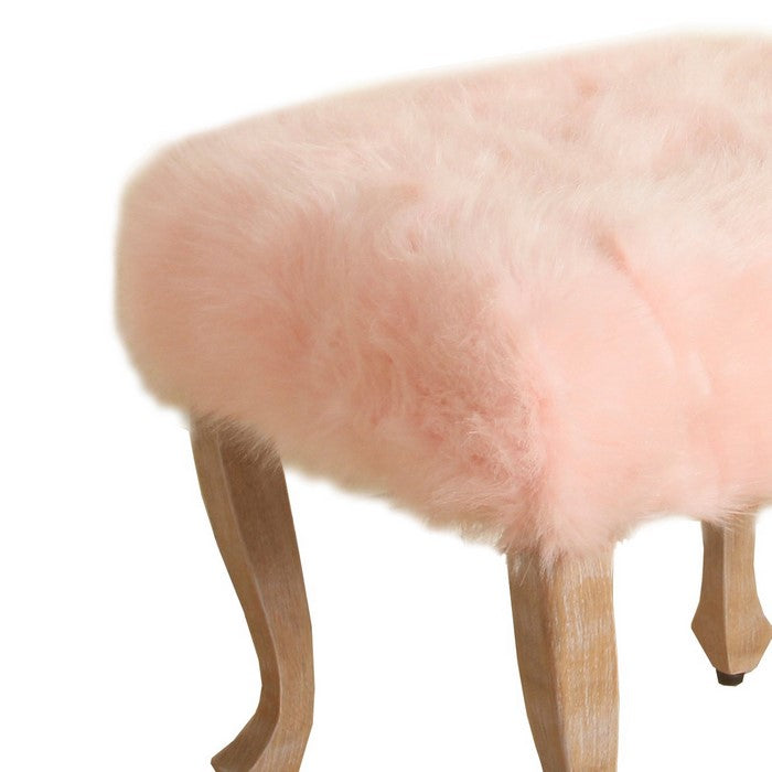 Square Wooden Stool with Faux Fur Upholstered Seat and Cabriole Legs, Pink and Brown