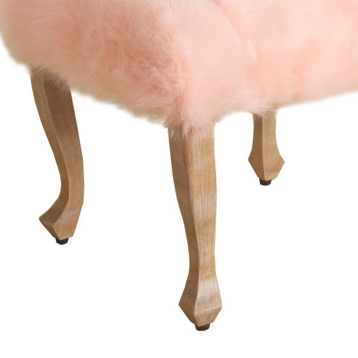 Square Wooden Stool with Faux Fur Upholstered Seat and Cabriole Legs, Pink and Brown