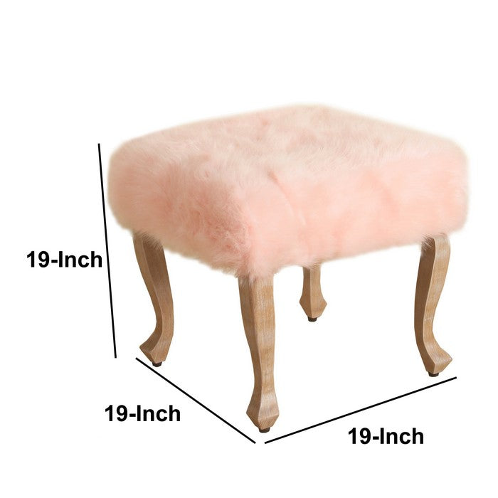 Square Wooden Stool with Faux Fur Upholstered Seat and Cabriole Legs, Pink and Brown