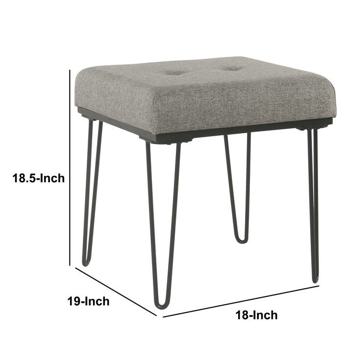 Metal Framed Stool Ottoman with Fabric Upholstered Tufted Seat, Gray and Black